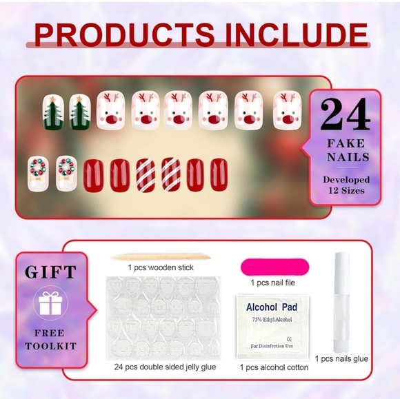 24 pcs Christmas Press On Nails Short Length Square Shape - Picture 4 of 10